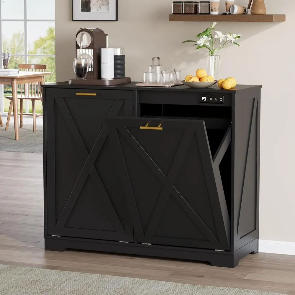 

Wooden Farmhouse-Style Tilt-Out Trash Bin Cabinet with Negative Ion Odor Control, Dog-Proof for Kitchen or Laundry Room, Black