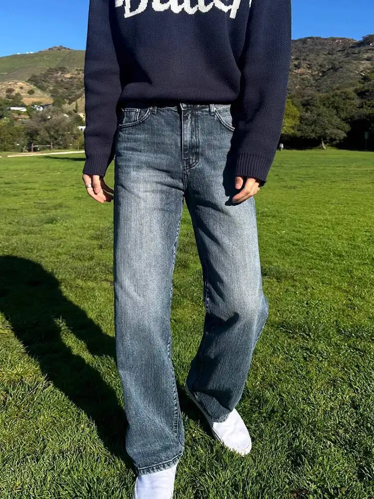 SYUHGFA 2025 الشتاء الكورية نمط الرجال سراويل جينز غسلها التباين اللون أسفل مستقيم واسعة الساق فضفاض الذكور الجينز كلينفيت #2