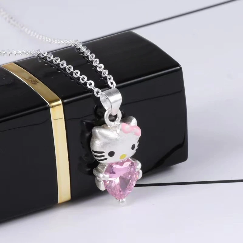 Sanrio Kawaii Pink Crystal Necklace Anime Hellos Kittys Silver Alloy Jewelry Chain Female Charm Valentine Accessories Girl Gift