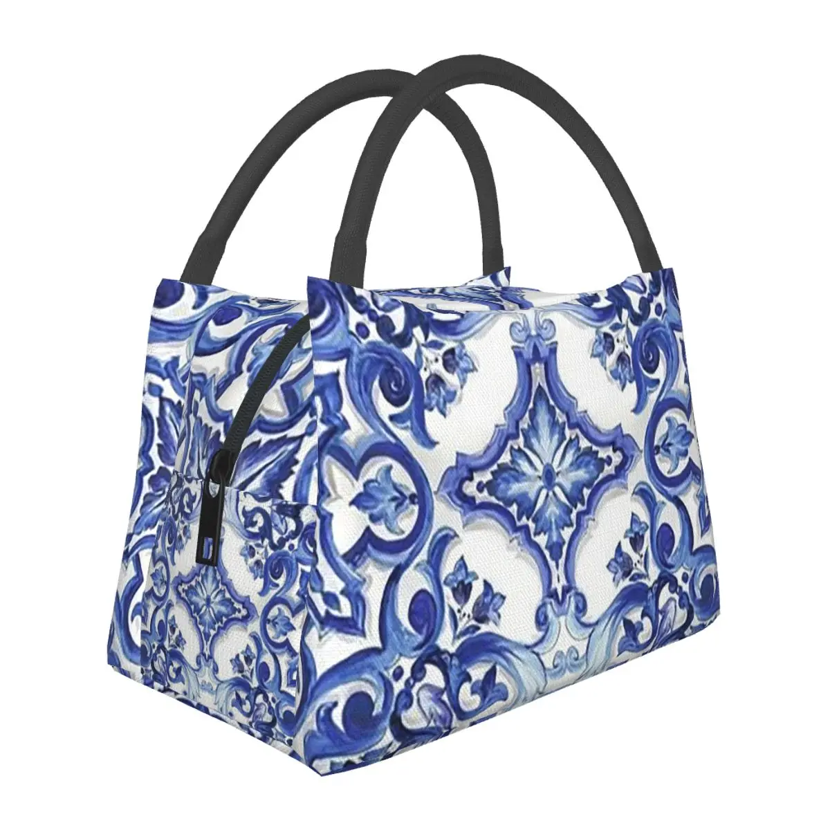 

Синяя изолированная сумка для обеда с цветочным узором в средиземноморском сицилийском стиле для школы, пикника, хранения продуктов, термосумка-холодильник для еды
