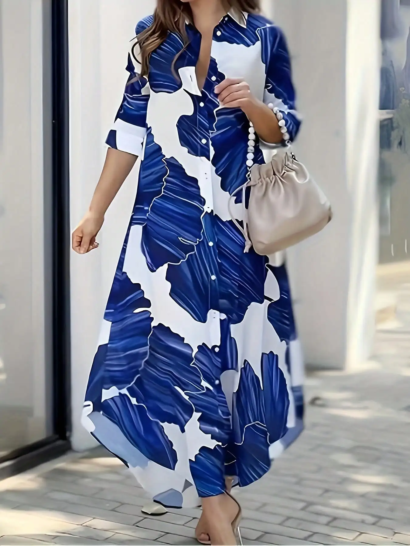 Plus Size Women's Casual Loose Dress with Fashionable Print Mid Sleeve Lapel Button Long Women's Dress