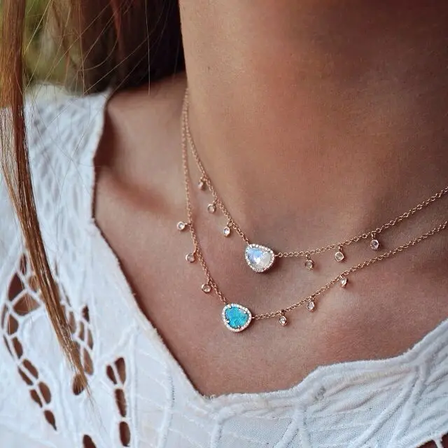 Multicolor Natural Blue Stone Necklaces & Pendants Colorful Bezel CZ Stone Station Necklaces for Women Choker Jewellery Bijoux