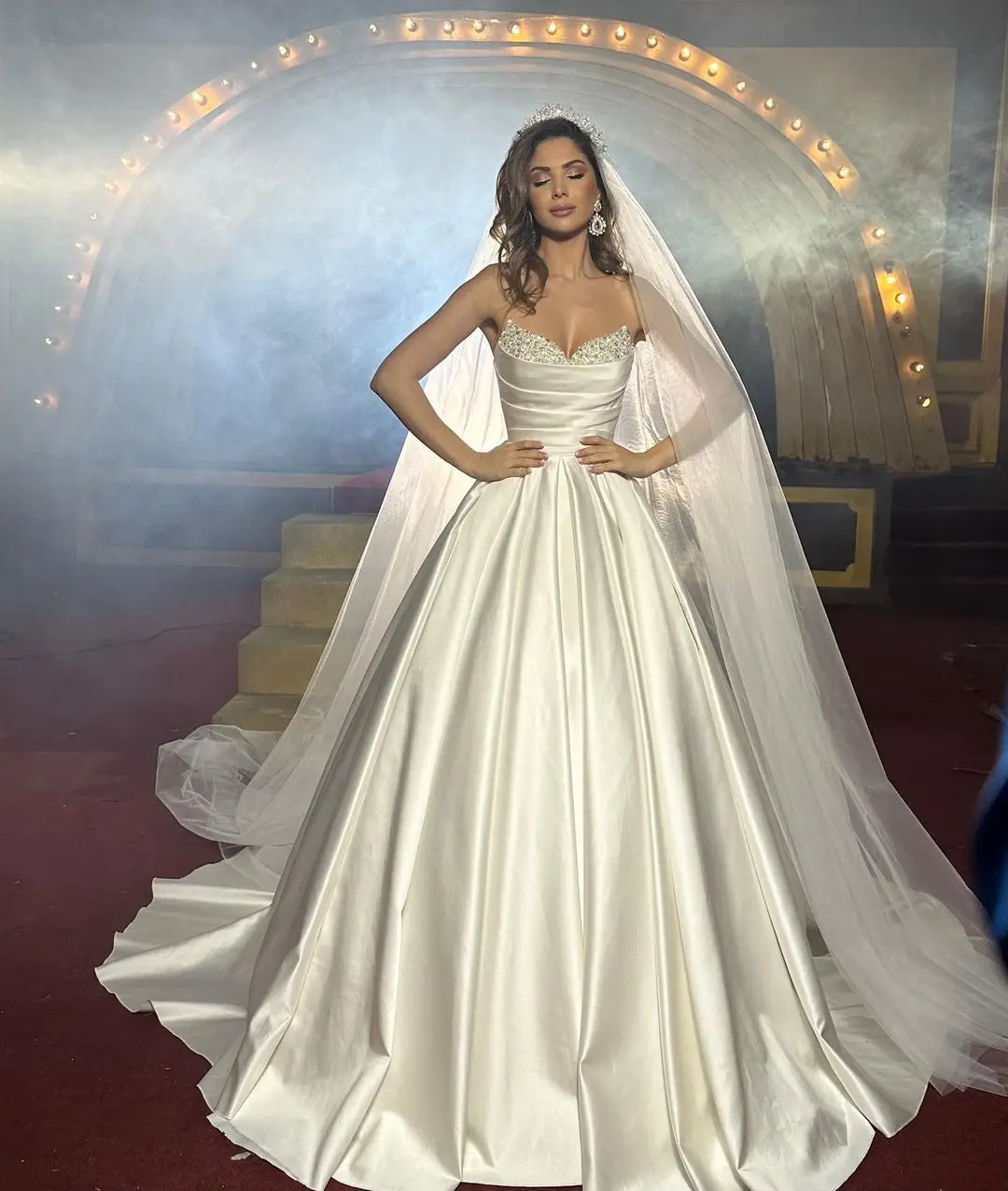 beaded satin wedding dress Luxury Pearl Beaded Wedding Dress V Neck Satin Ball Gown main image 0