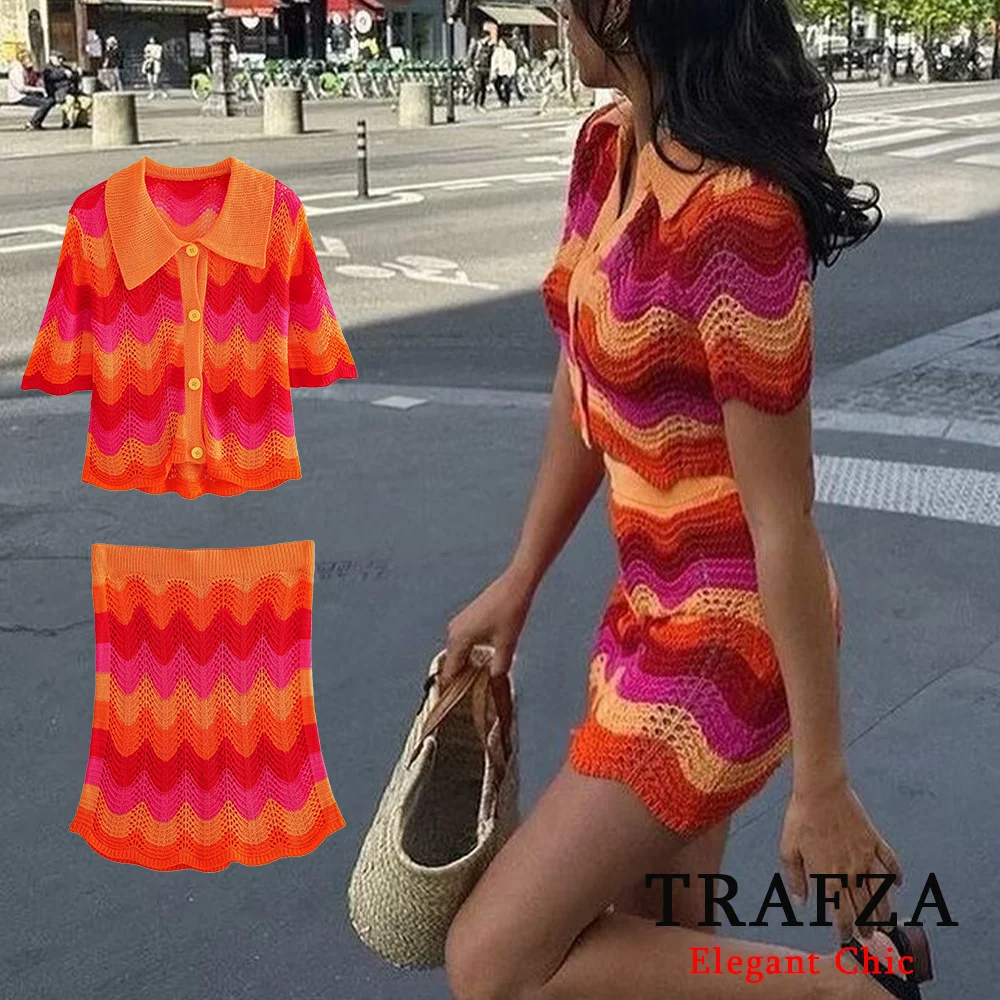 TRAFZA Casual Knitted Short Sleeve Skirt Set Women New 2024 Spring Autumn Fasion Holiday High Street Colorblock Mini Skirt Set