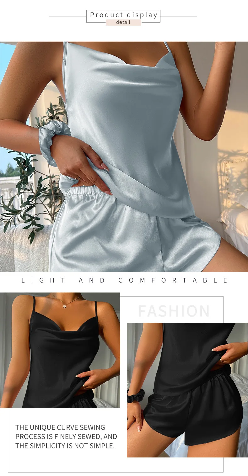 Sling Satin Seide Pyjama Set Anzug T-Shirt Pj Set Zweiteilige weiche Nachtwäsche Loungewear rückenfreie Dessous Pjs Cami Top und Shorts – Detail 11