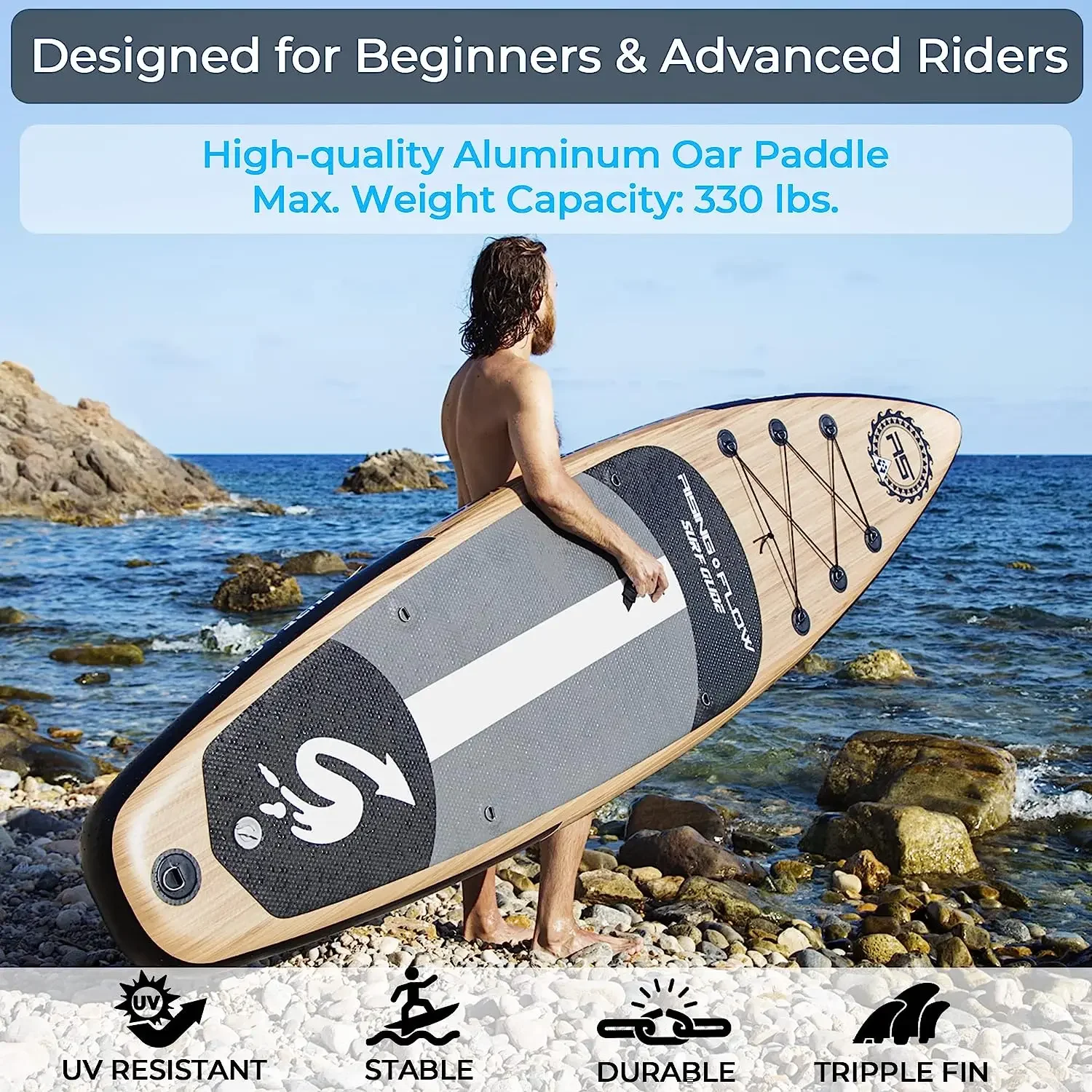 6-inch-thick SereneLife Inflatable Stand-Up Paddle Board with Premium SUP Attachments and Wooden Carry Bag