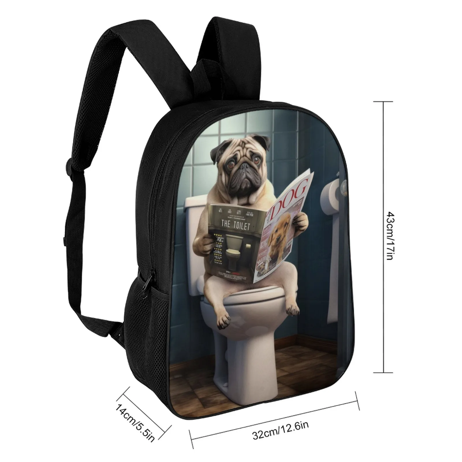 Pug Dog on the Toilet Sac A Dos Borsa per libri stampata Zaino per scuola per bambini Borsa per zaino da scuola da 17 pollici