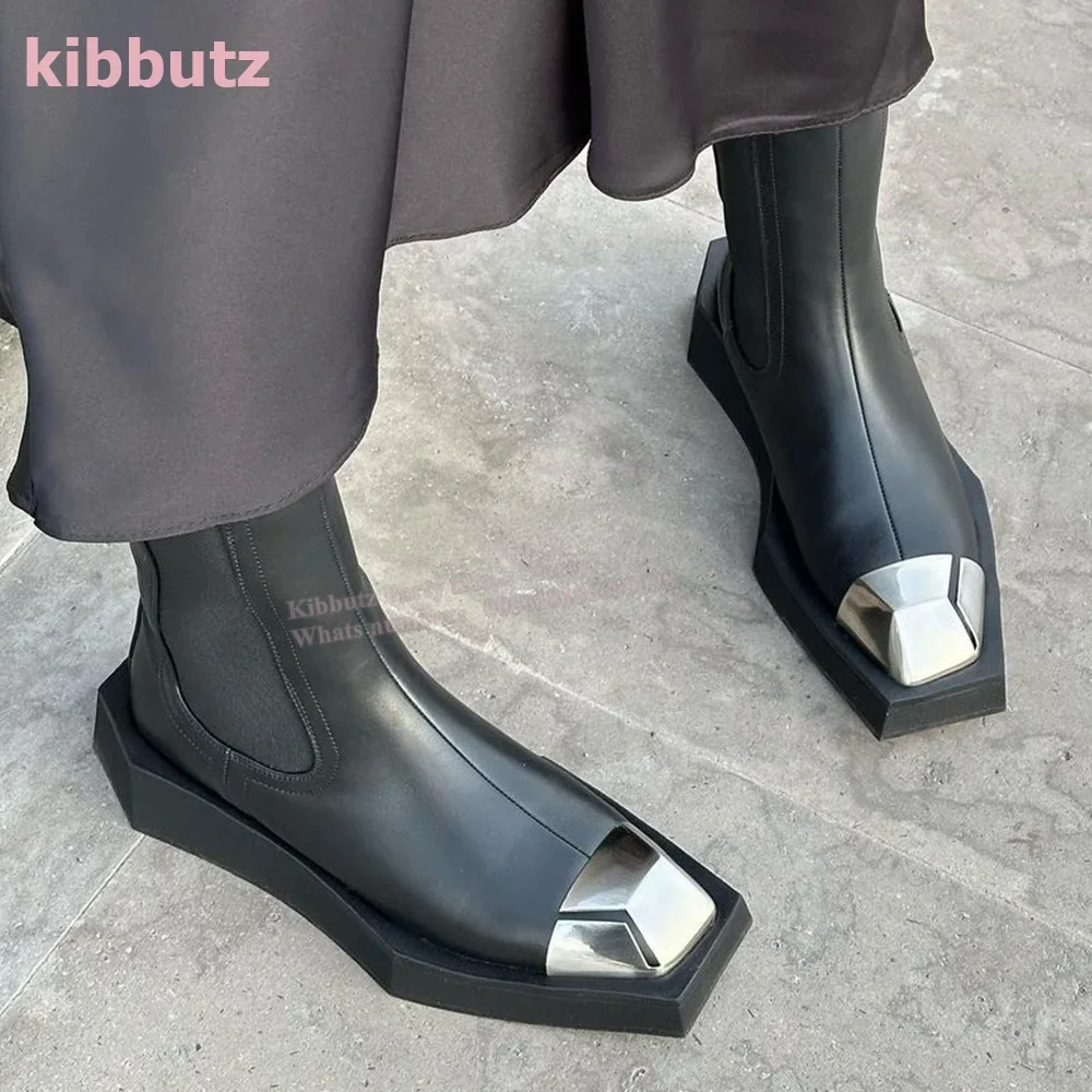 

Metal Square Toe Ankle Biker Boots Thick Sole Luxury Leather Solid Color Black Slip-On British Style Fashion Elegant Sexy Shoes