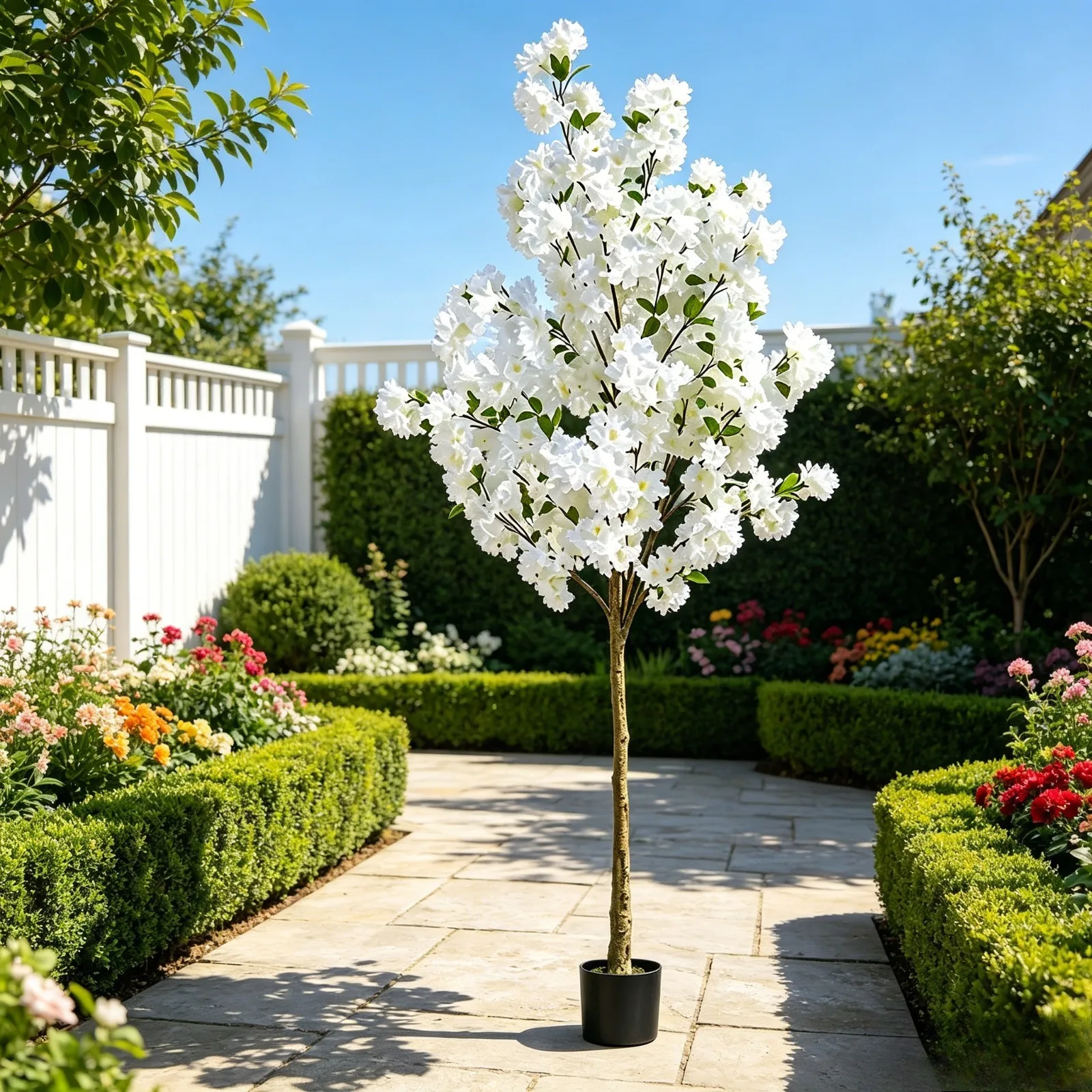 

6Ft White Artificial Cherry Blossom Tree with Cement Pot - Faux Plant for Home, Office And Living Room Decor