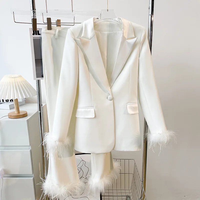 Autumn Spring Luxury Design Street Wear Women Two Piece Suit Feathers White Blazer Pants Sets Top Quality