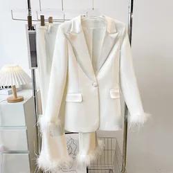 Autumn Spring Luxury Design Street Wear Women Two Piece Suit Feathers White Blazer Pants Sets Top Quality