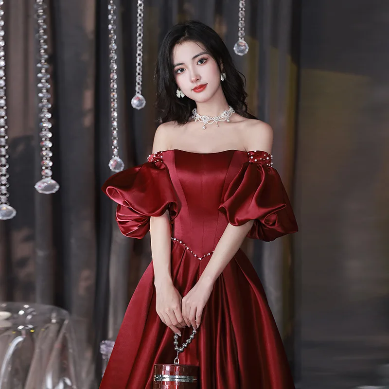 

Red Women Vestido Sexy Off Shoulder Satin Engagement Ball Gown Short Sleeve Floor Length A-Line Toast Evening Dresses