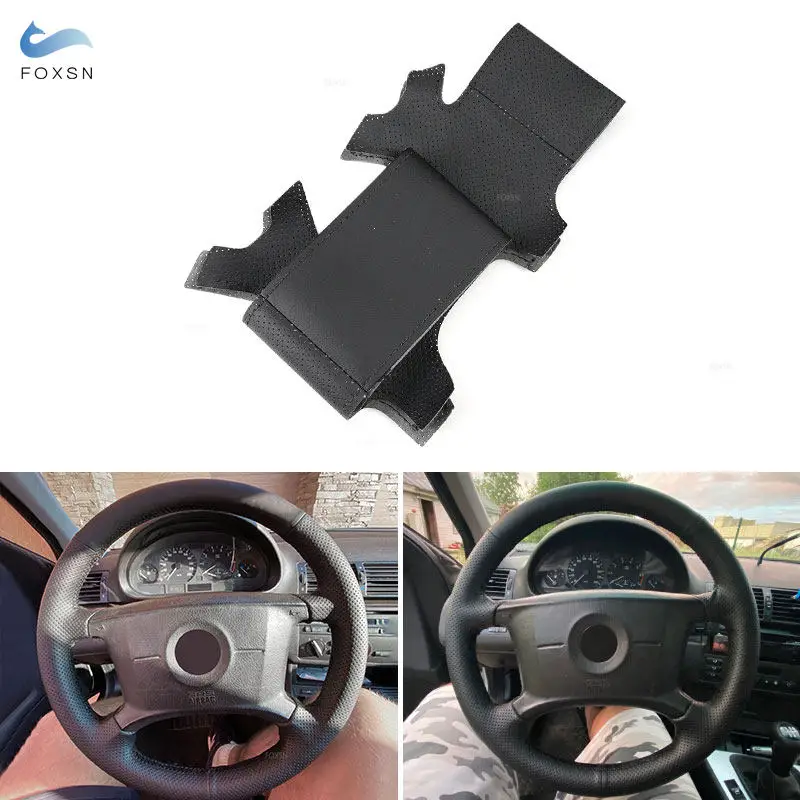 For BMW E36 E39 E46 X3 E83 X5 E53 Car Interior Steering Wheel Cover Hand Stitched Black Perforated Leather W/ Needles & Threads
