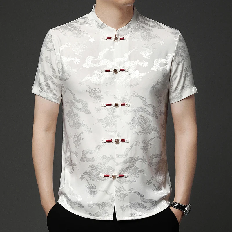 Men's China Traditional Dragon Pattern Soft Silk Shirt Summer 2024 Fashion Stand Collar Tops Male Short Sleeve Silk Dress