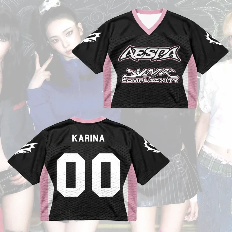 2026 Aespa SYNK COMPLEXITY Cropped Football Jersey Y2K Short Sleeve T-shirt Kpop Fan Concert Streetwear Crop Top For Kids Adults