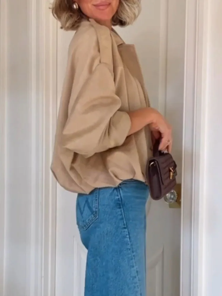 Cappotto autunno inverno in pelle scamosciata con maniche a pipistrello Giacca da donna con cerniera con risvolto Design tinta unita Capispalla ampio a maniche lunghe per le vacanze retrò