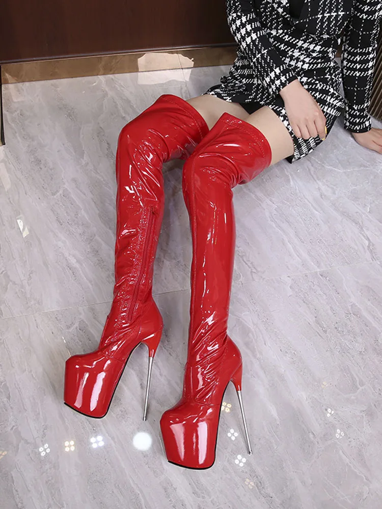 New 30CM Super high heel Stiletto Heels leathe Over The Knee Boots 11Inches Thick Platform Patent Leather Stripper exotic