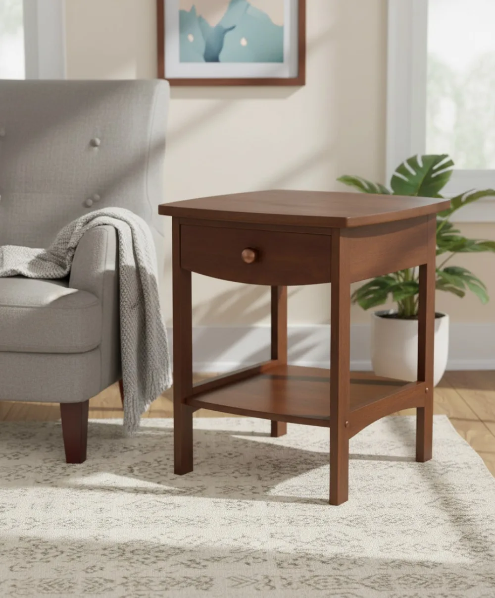 

Изогнутый деревянный столик с ящиком и полкой, коричневая отделка, 22x18x18 дюймов, простая сборка