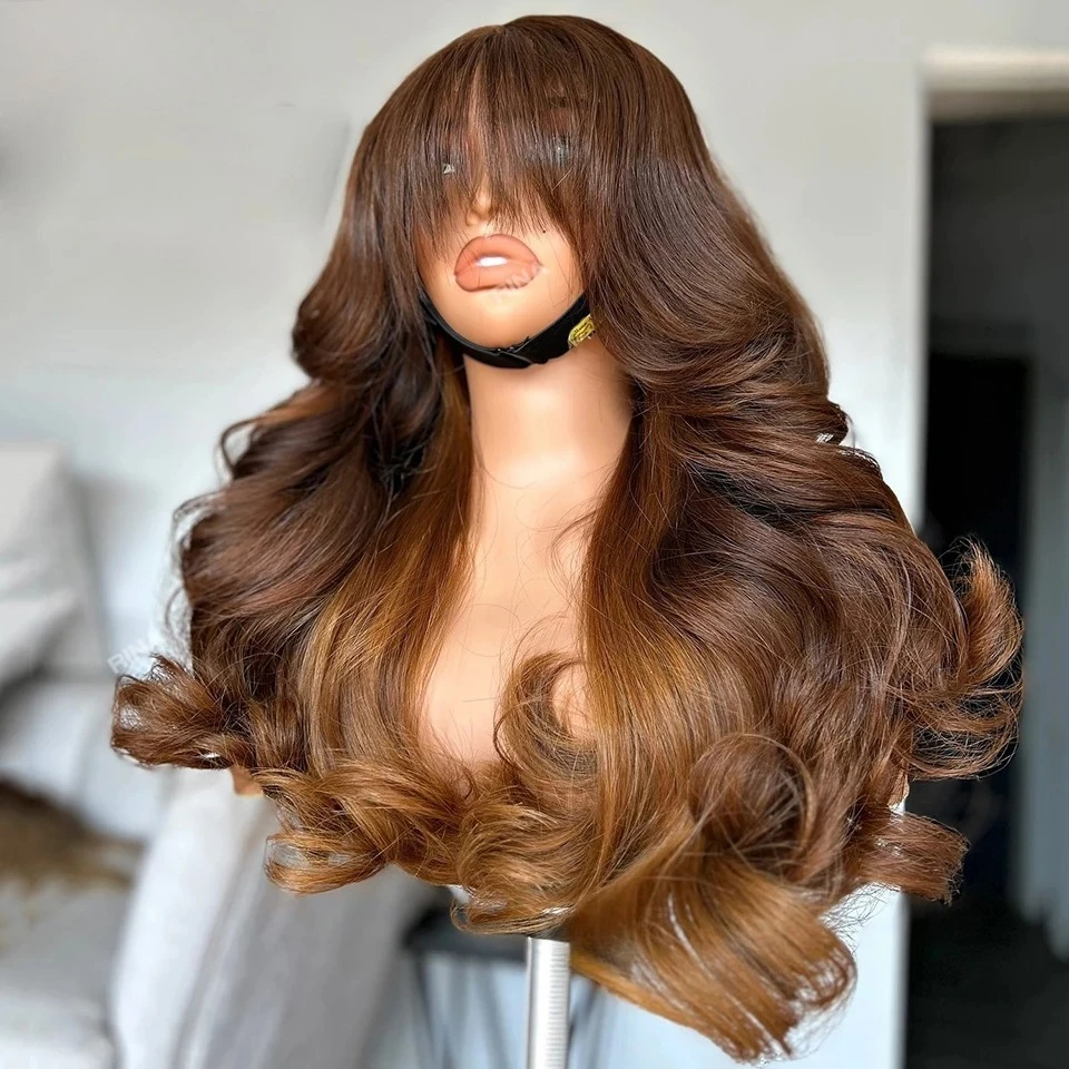 Perruque أومبير براون مع بانج مقاومة للحرارة بيروكات صناعية الجسم موجة شعر مستعار 13X4 HD الدانتيل الباروكات الأمامية قبل قطعها الاستخدام اليومي للحفلات