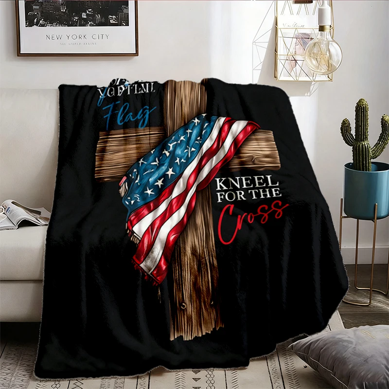Stand for Flag Kneel for Cross Flannel Blanket, Patriotic Christian Throw, USA Flag 4th of July Gift