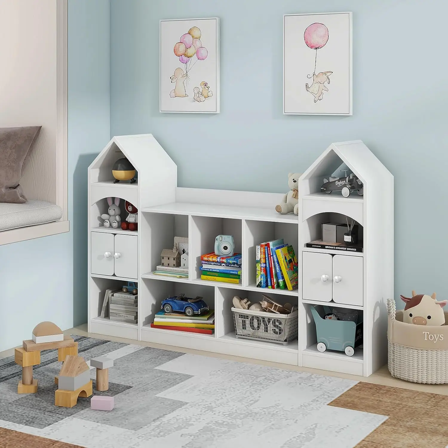 Estantería para niños y gabinete de almacenamiento de juguetes, estantería para niños, forma de castillo, muebles de sala de juegos, estante multiusos para niños pequeños a O