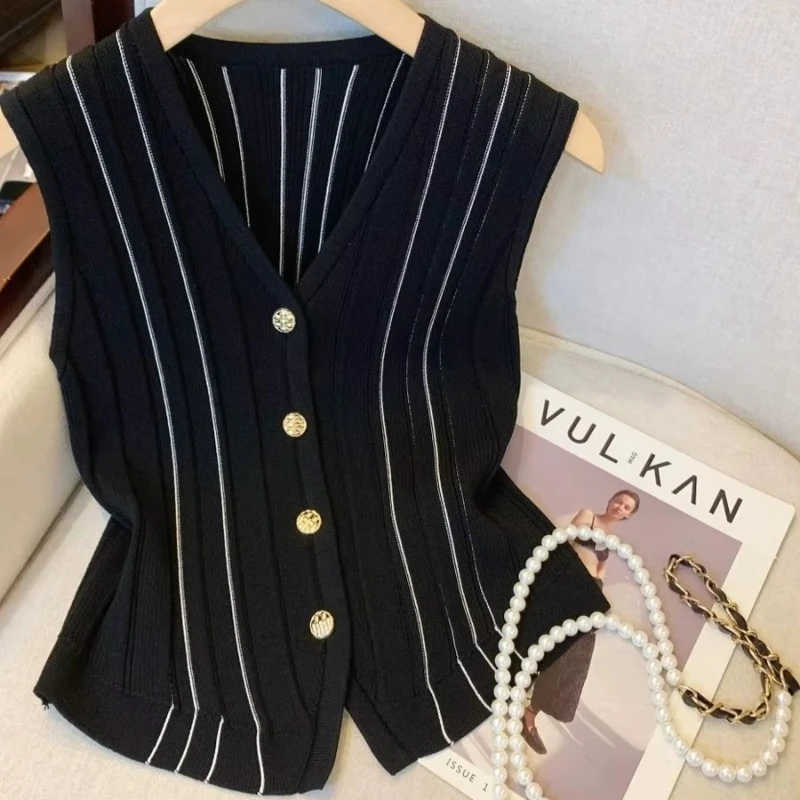 Women's Button Front Knit Vest Contrast Striped V-Neck Sleeveless Crop Top Jacket Ladies Elegant Waistcoat Spring Summer