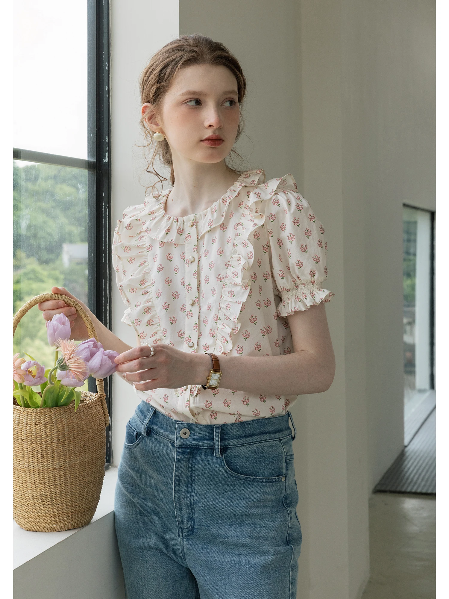 MELLIIY 2025 New Sle Wooden Ear Splice round Ne Pink Floral ort Sve Women's irt Summer Commute Vintage Straig...