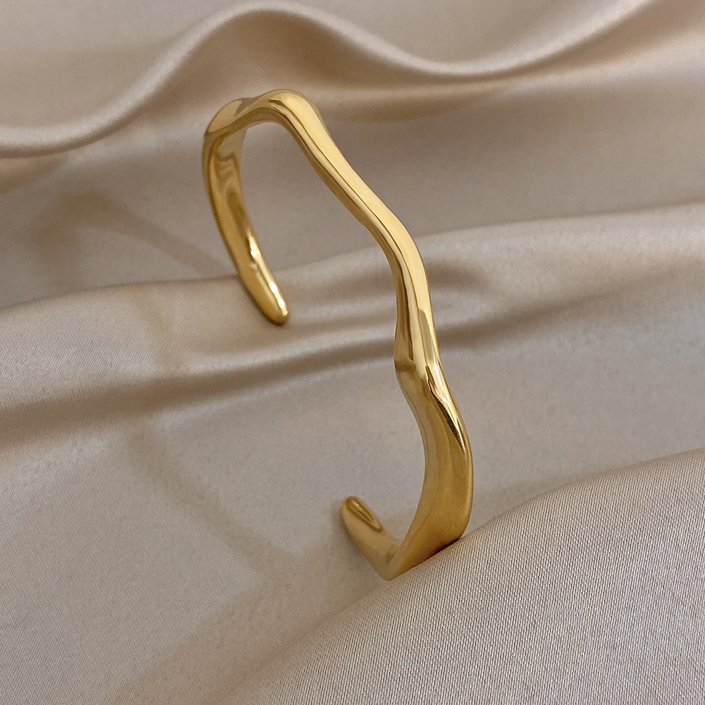 

Artistic Irregular Ripple Stainless Steel Bangle for Women Smooth Waterproof Gold Color Open Bracelet Daily Jewelry Accessories