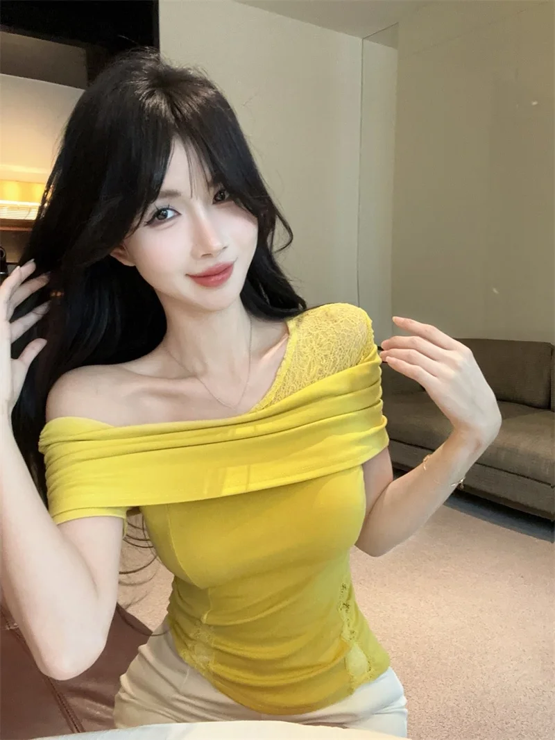 

Pure Desire Sexy Lace Shoulder Bared Short Sleeve T Shirt New Style Spicy Girl Waist Cinching Slimming Versatile Top