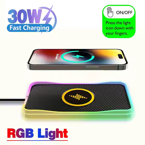 30W RGB Light Car Wireless Charger Pad for iPhone 15 14 13 12 11 Samsung S23 S22 Xiaomi Fast Wireless USB-A Phone Charging Pad