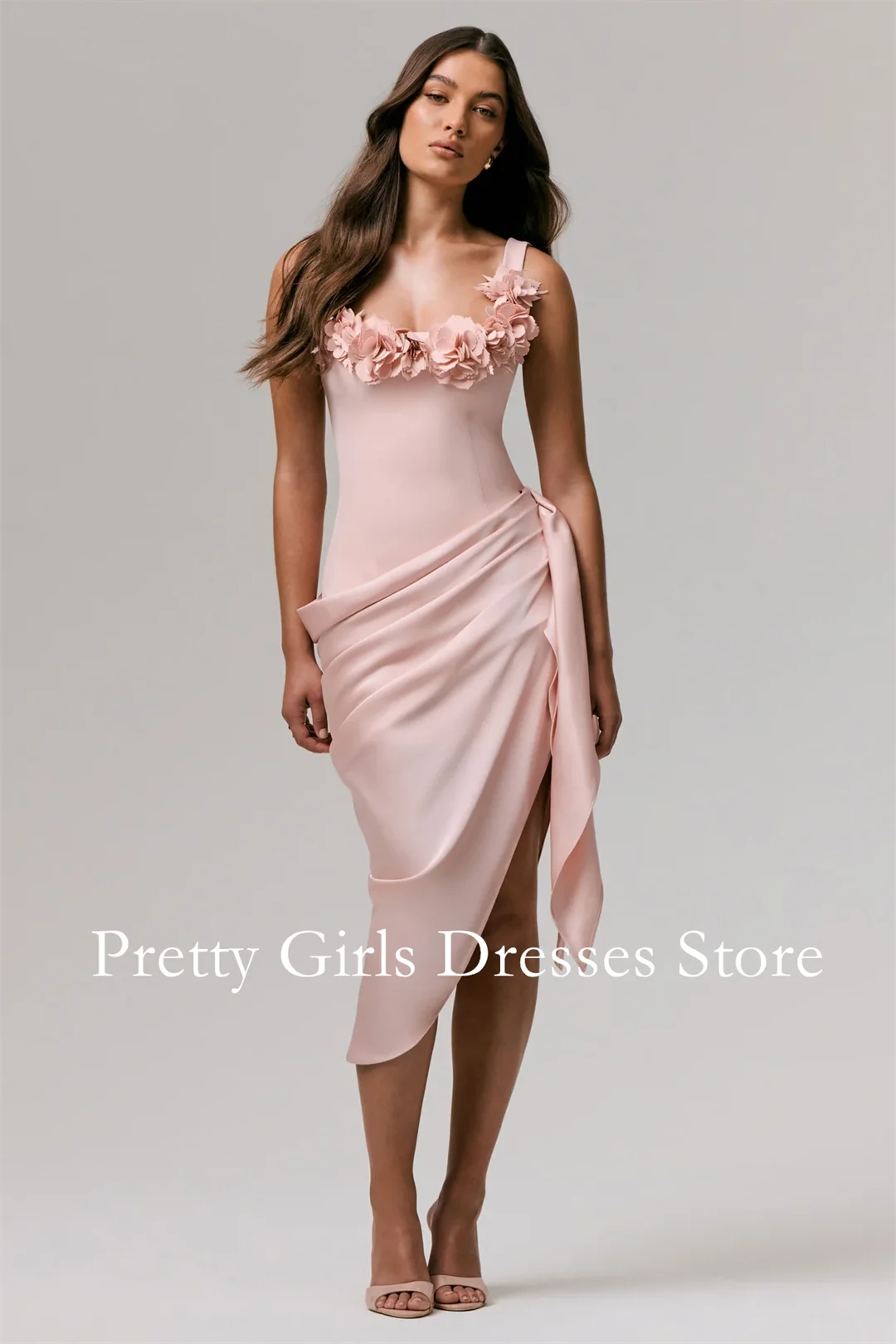 

Pale Pink Square-Neck Embellished Wrap Midi Dress Evening Dresses Customized Party Prom Gowns Formal vestidos de fiesta