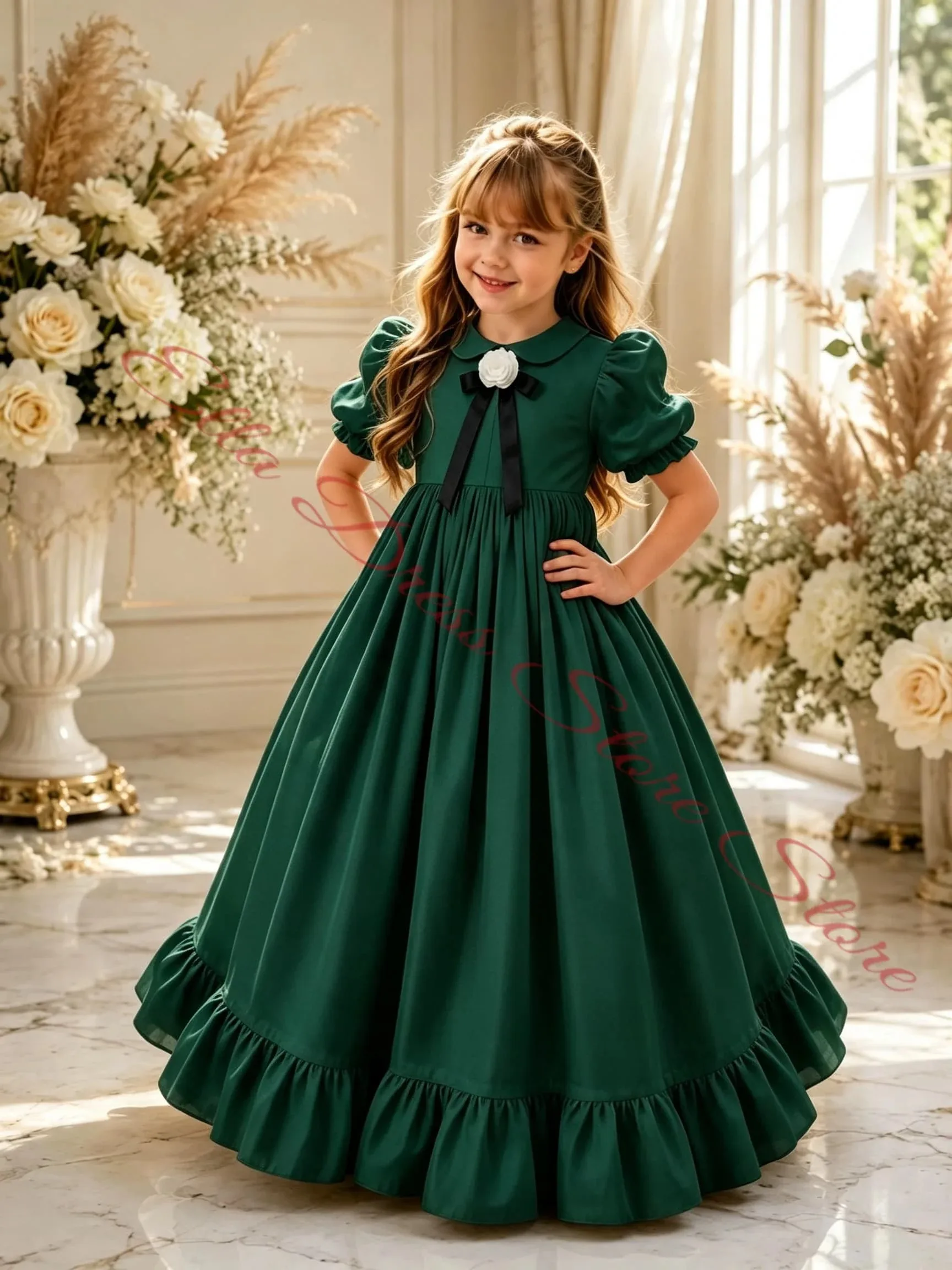 Weißes Satin-Mädchenkleid, hübsches Blumenmädchenkleid mit schwarzer Schleife, für Hochzeitszeremonie, Feiertagsfeier, Veranstaltungen, Partys, nach Maß. – Detail 4
