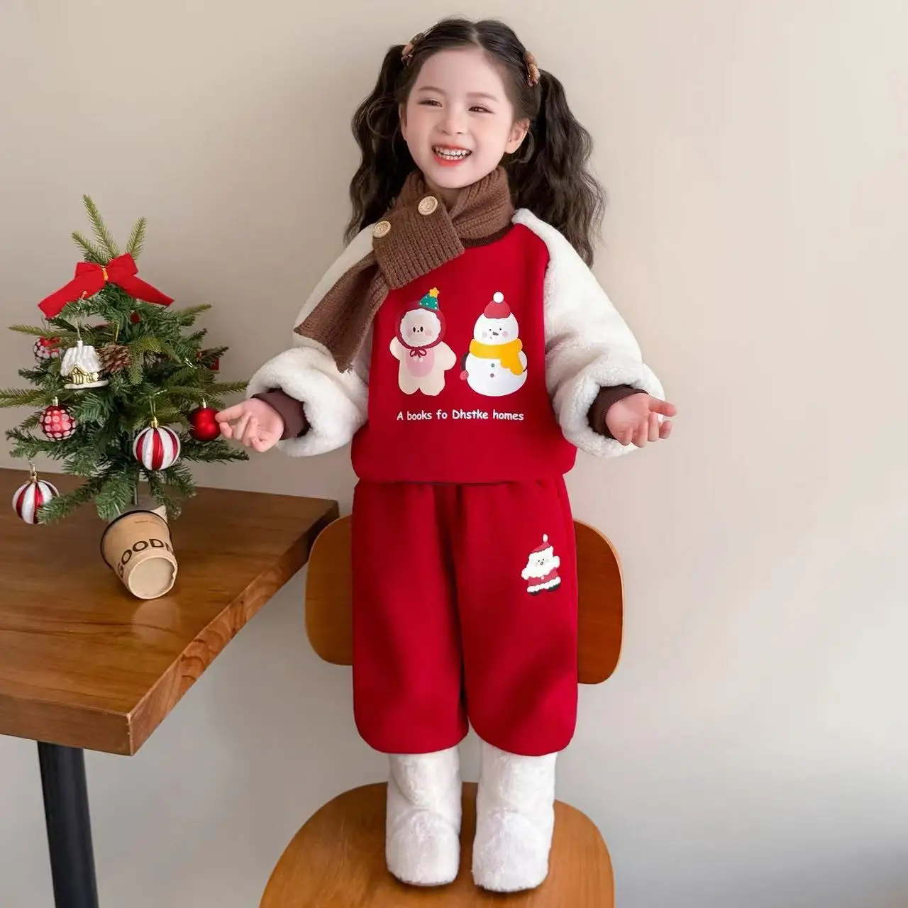 

Children Girls Winter 2PCS Clothes Set Snowman Print Kids Girls Spliced Sweatshirt Suit Thick Warm Fleece Toddler Baby Girl Pant