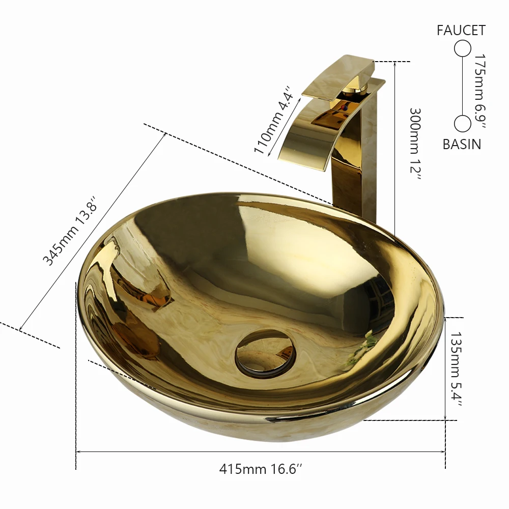KEMAIDI Bathroom Vessel Sink Luxury Shiny Gold Ceramic Vanity Bowl Round Above Counter Basin for Bar and Cloakroom w/ Faucet Tap view 6