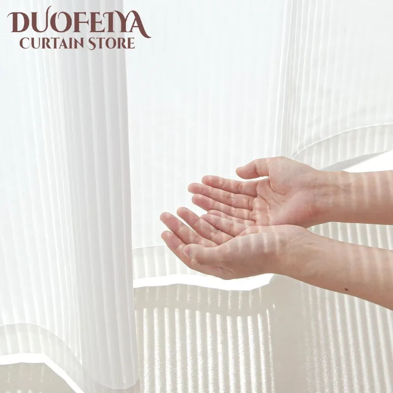 1PC White Striped Tulle Japanese Simple Window Chiffon Sheer Curtains for Living Room Bedroom Dining Luxury Decor Drapes 창문커텐