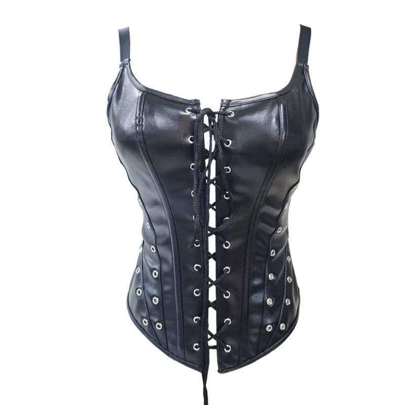 

Black Faux Leather Spaghetti Strap Corset Lace Up Waist Trainer Shaper With Rivet Details