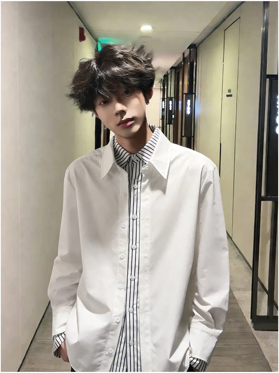 

Мужская свободная рубашка с длинным рукавом, весенняя, в полоску, с имитацией двухслойности, повседневная, удобная, комфортного кроя, рубашка-куртка