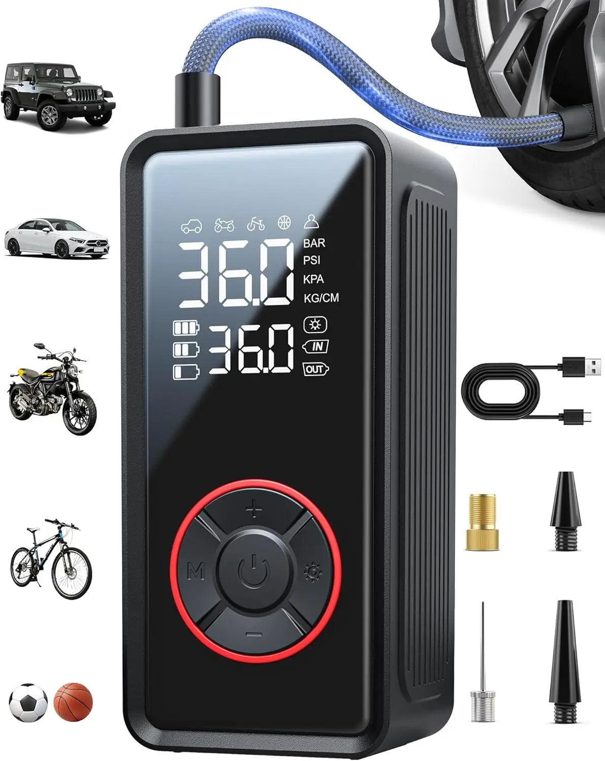 

Portable Tire Inflator Air Compressor with LED Light, Auto Shut-Off, 4 Nozzles for Car, Motorcycle, Bicycle - Black