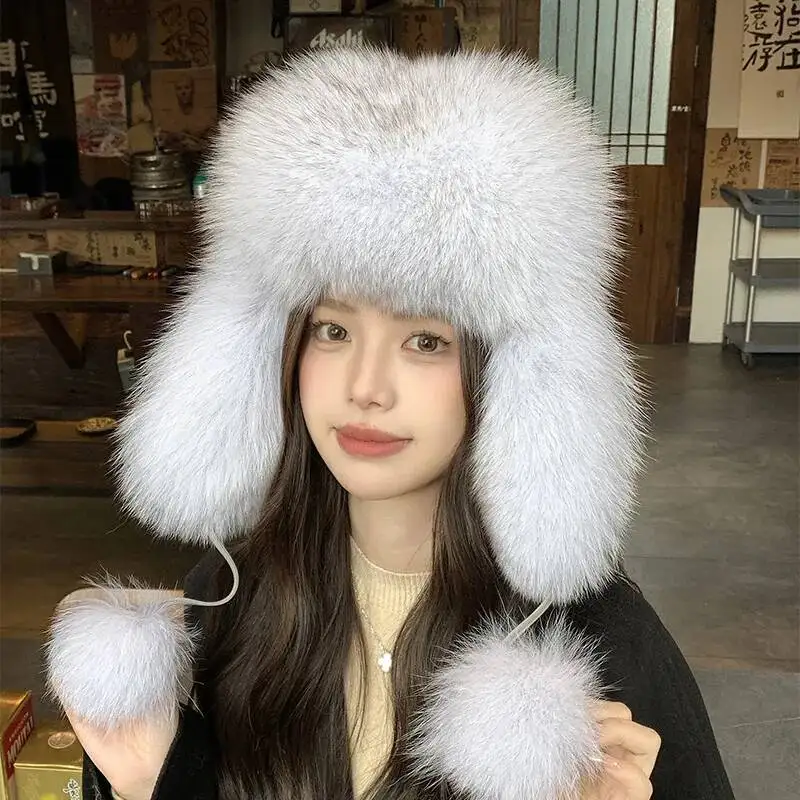 Real Fox Fur Hat Outdoor Windproof Natural Raccoon Fur Cap Winter Ear Warm Bomber Hats Women Kids Snow Ski Hat With Pompoms