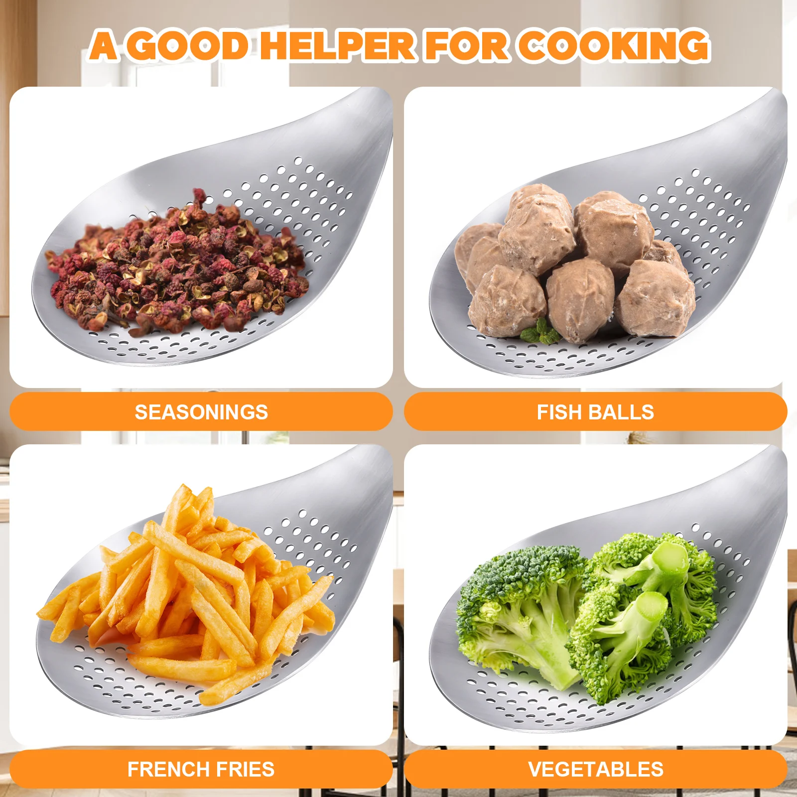 

2pcs 304 Stainless Steel Skimmer Ladle Large Food Strainer Spoon Long Handle Pasta Draining Oil Frying Vegetable Blanching Hot