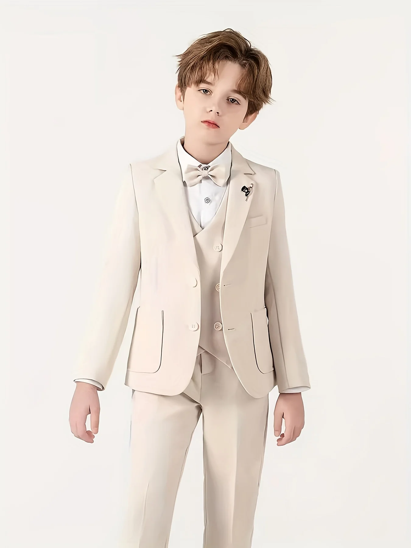 90-170 Teenager Kids Spring Beige 4Pieces/s Jacket Vest Pants Bowtie Wedding Dress Boys Photography Suit Children Host Costume