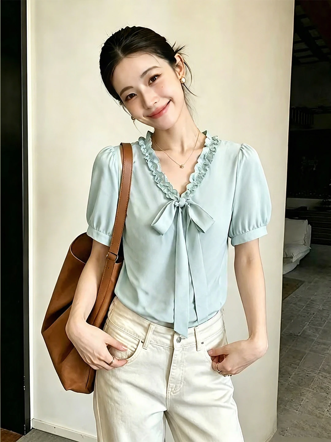 

Summer 2026 Women's Fashion Knot Belted V-Neck Short Sleeve Shirt Korean Style Straight Cut Versatile Elegant Top
