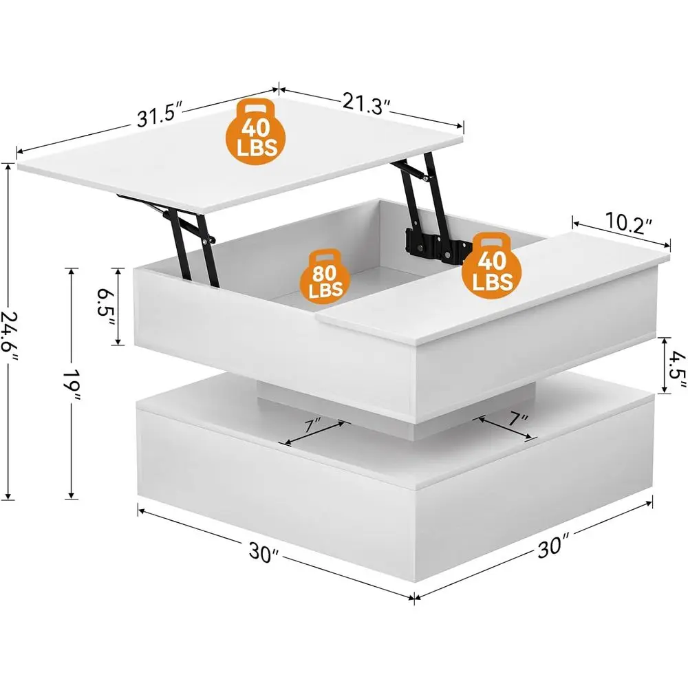 Lit Top Coffee Table with Storage and Hidden Compartment, Wood Square Coffee Table for Living Room, 31.5 Small Center Table with