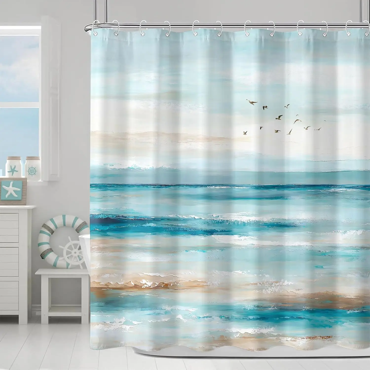 

Polyester Coastal Seascape Shower Curtain Blue Ocean Abstract Beach Bathroom Decor Curtain Modern Style Waterproof Home Accent