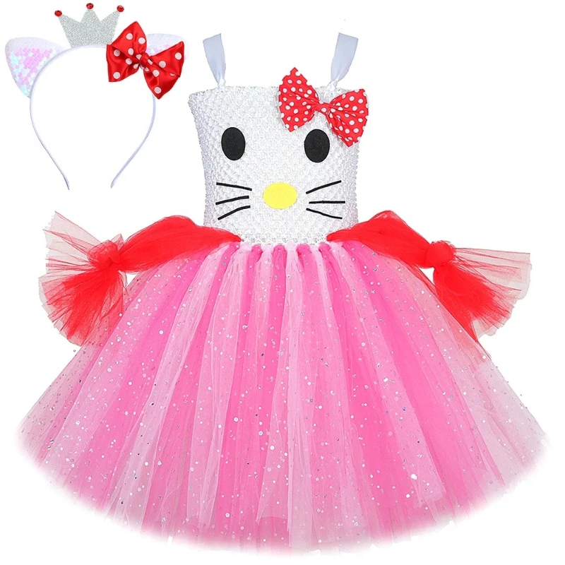 Sparkly Pink Cartoon Kitty Costumes for Baby Girls Birthday Outfit Gift Child Fancy Clothes for Kids Cute Cat Ballet Tutus Dress