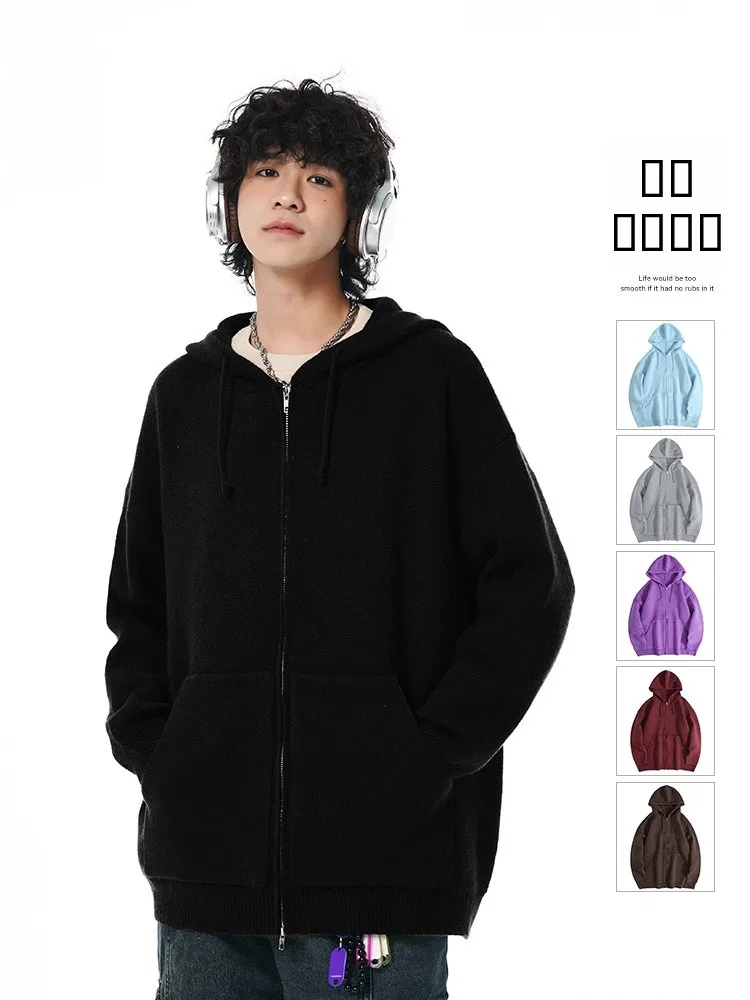 

Мужская зимняя толстовка Rampo Heavyweight свободного кроя на молнии, цветной трикотаж, повседневный американский стиль, с длинными рукавами