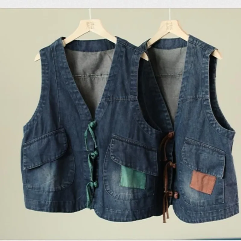 Kobiety Vintage Ethnic Style Casual Button Denim Vest Jacket Kobieta V Neck Kieszenie Luźna odzież wierzchnia Y2K Kamizelka jeansowa bez rękawów