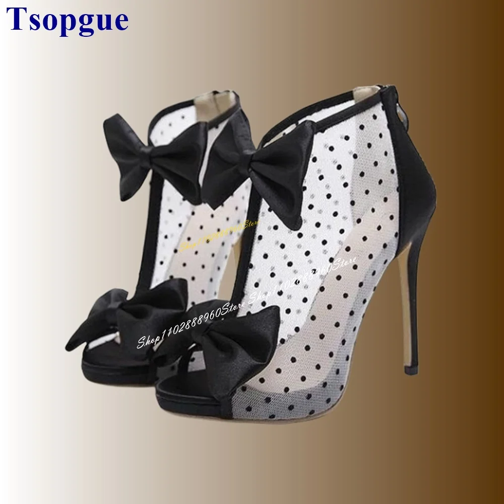 Stijlvolle Zwarte Air Mesh Dot Strik Sandalen Dunne Hoge Hak Vrouwen Schoenen Rug Rits Peep Toe 2024 Modieuze Zapatos Para Mujere