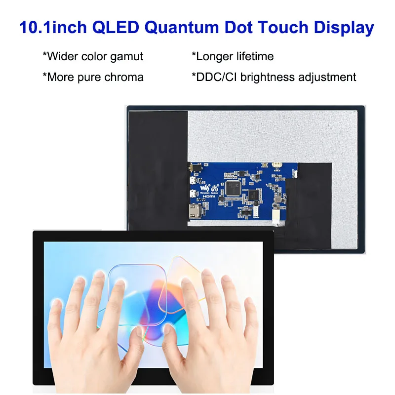 Waveshare 10.1inch QLED Quantum Dot IPS Touch Display 1280×720 G+G Toughened Glass Panel Support DDC/CI Brightness Adjustment