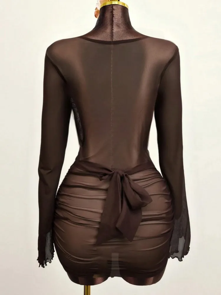 One Piece Sexy Women Mini Beach Dress Hollow-Out V-Neck Long Sleeve Bikini Cover-Ups Dress Fall Backless Holiday Dress 2026